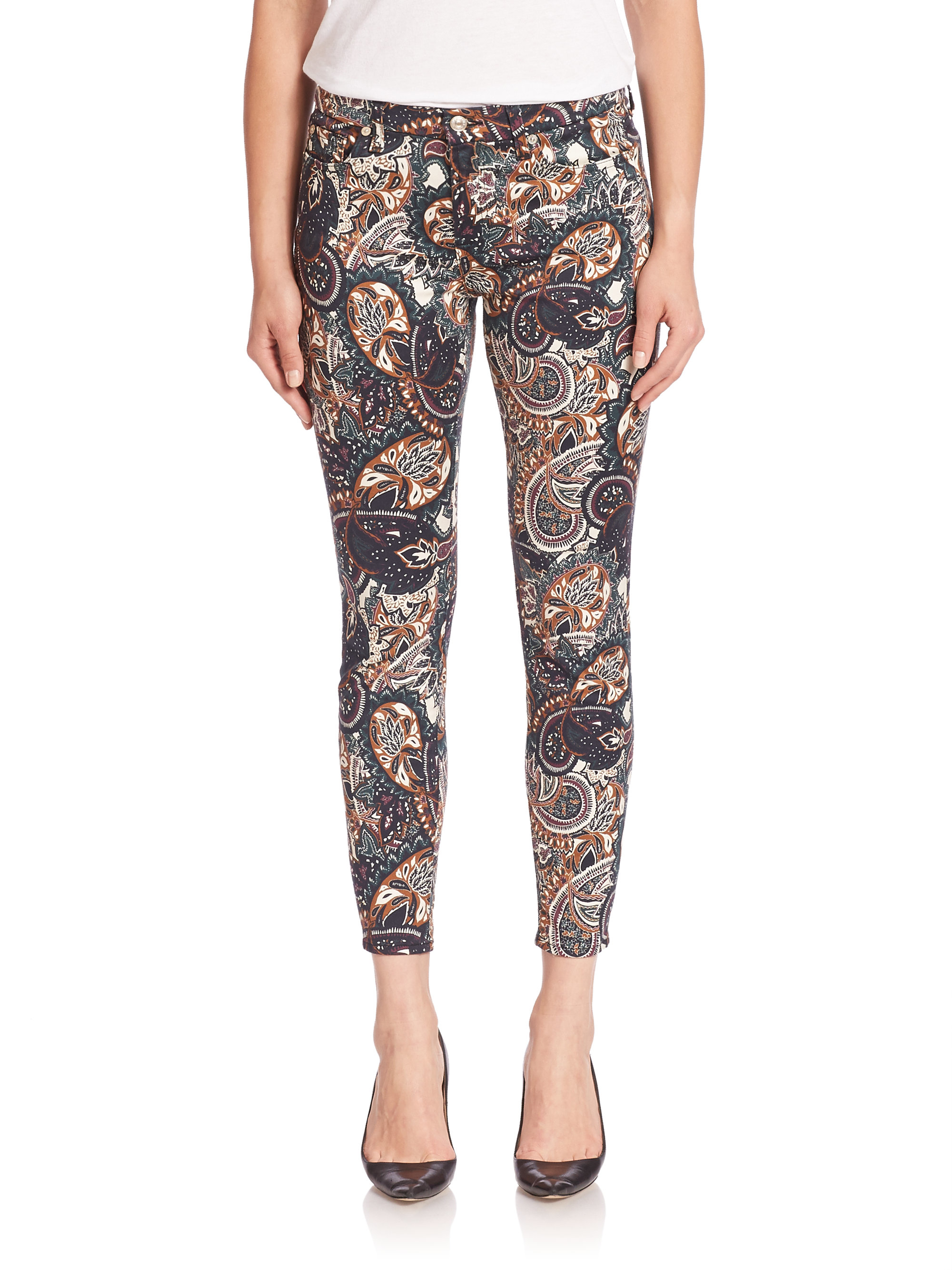 Lyst 7 For All Mankind Paisleyprint Skinny Ankle Jeans in Black